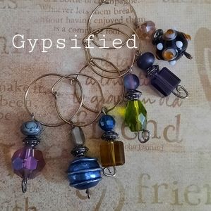 Wine Charms "Gypsified" set of 6 hand crafted with 3/4" real Silver hoop & stem